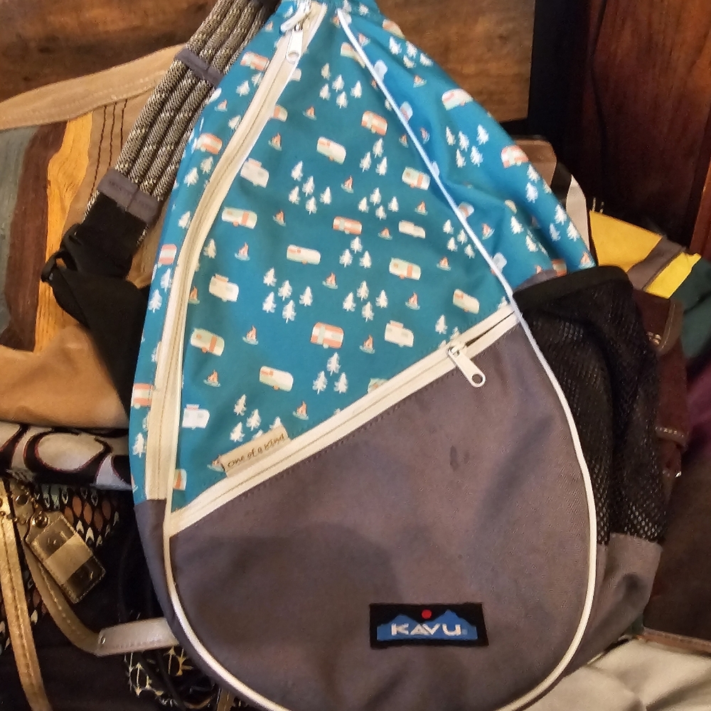 Kavu Blue and Gray Sling Bag with Camping Print